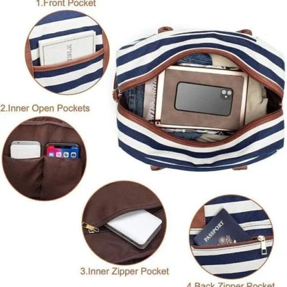 New Duffle Bag Canvas for Women Blue White Striped Bag - Picture 7 of 9